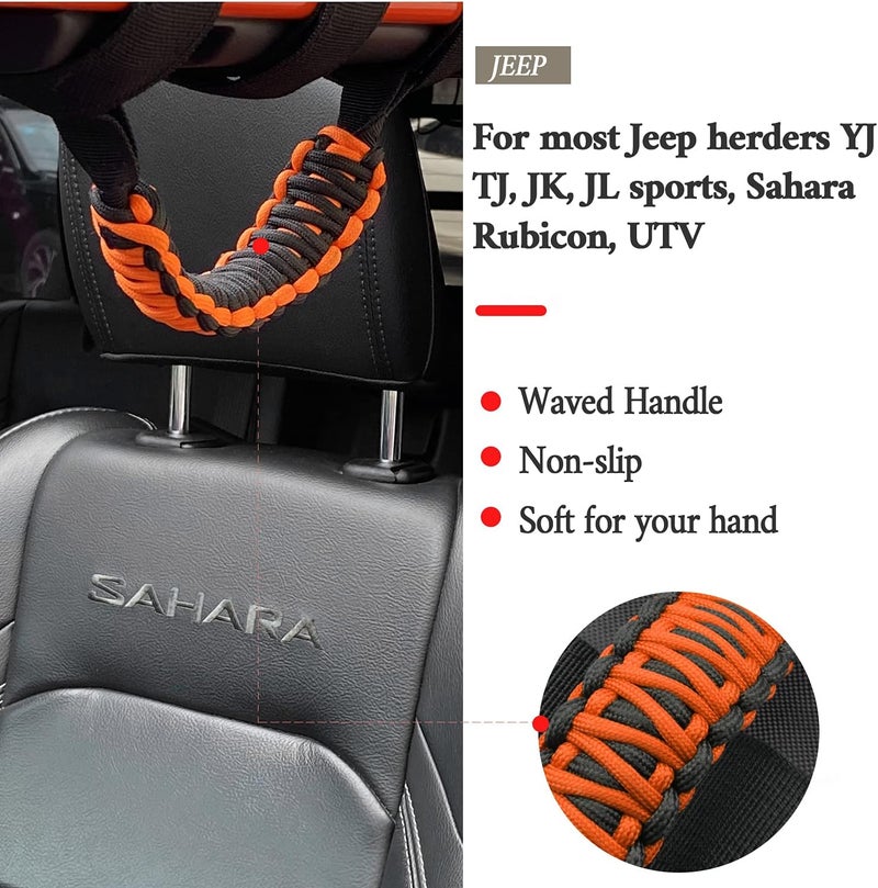 Kujunpao 4 X Roll Bar Grab Handles Grip Handle Compatible with Jeep Wrangler JLU JK JKU TJ YJ LJ JT JL & Gladiator JT 1987-2021 UTV & ATV, Fits 1.5 to 3 Inch Bars 3 Straps Woven Holder(Orange - Image 2
